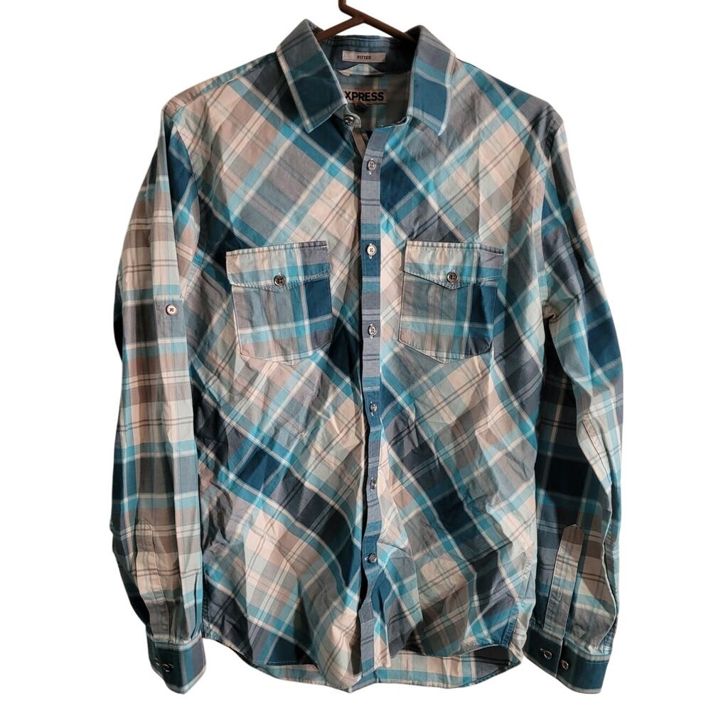 EXPRESS Turquoise Plaid Fitted Button Down Shirt Mens Medium Western Cowboy